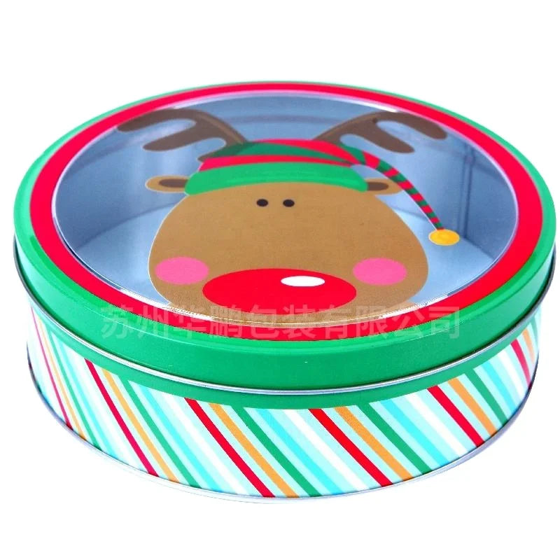 Christmas Tin Box Cookie Santa Empty Round Clear Lid Cookie Tin Box Containers Metal Tin Can for Biscuits Lid