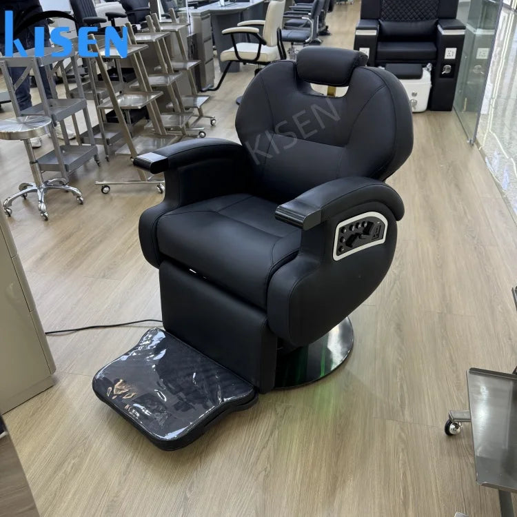 Kisen Top Selling Reclining Lay Down Chairs Black Beauty Hair Salon Equipment Ergonomic Electric Barber Chair for Barbershop Use