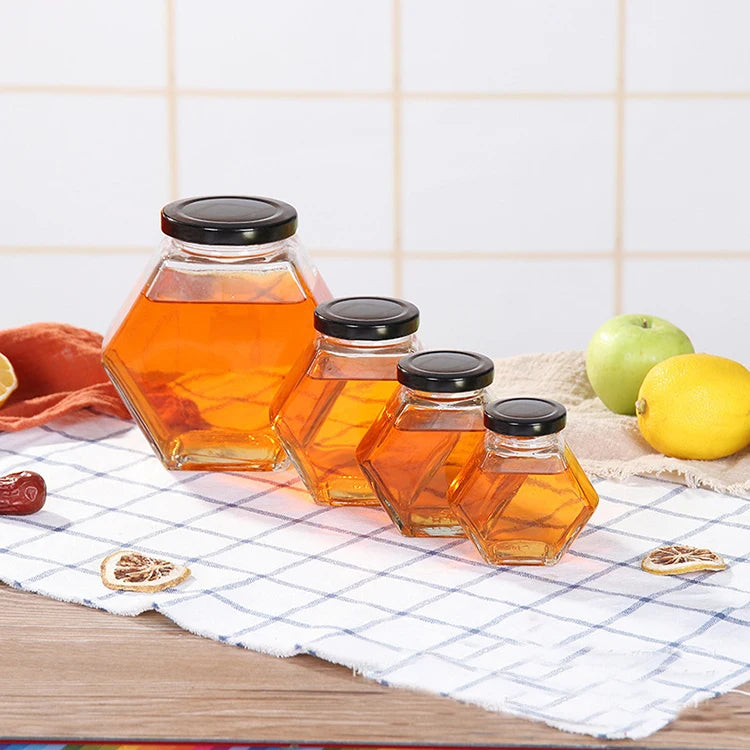 Wholesale 100ML 180ML 280ML 380ML Hexagonal Clear Glass Big Discount Honey Food Storage Jars