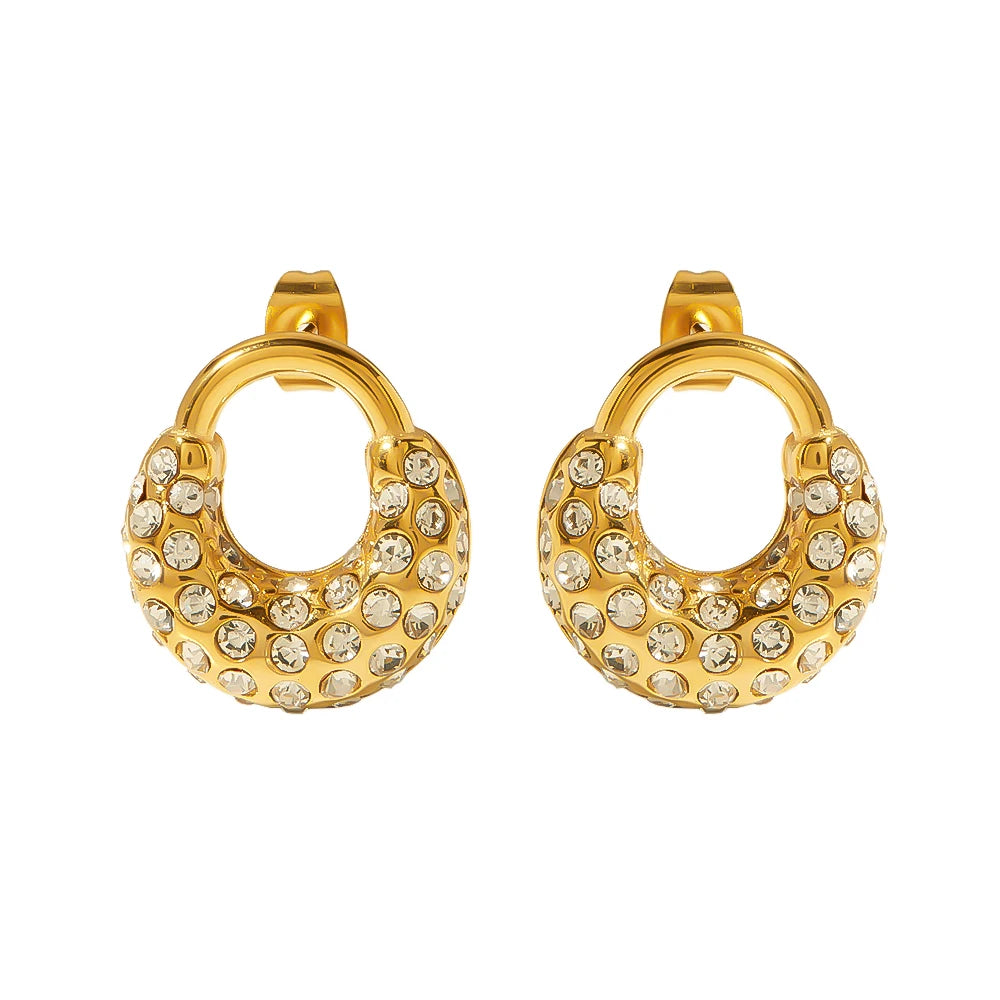 Luxury Stainless Steel 18K Shiny Full CZ Diamond Micro Oval Gemstone Paved Stud Zircon Earrings
