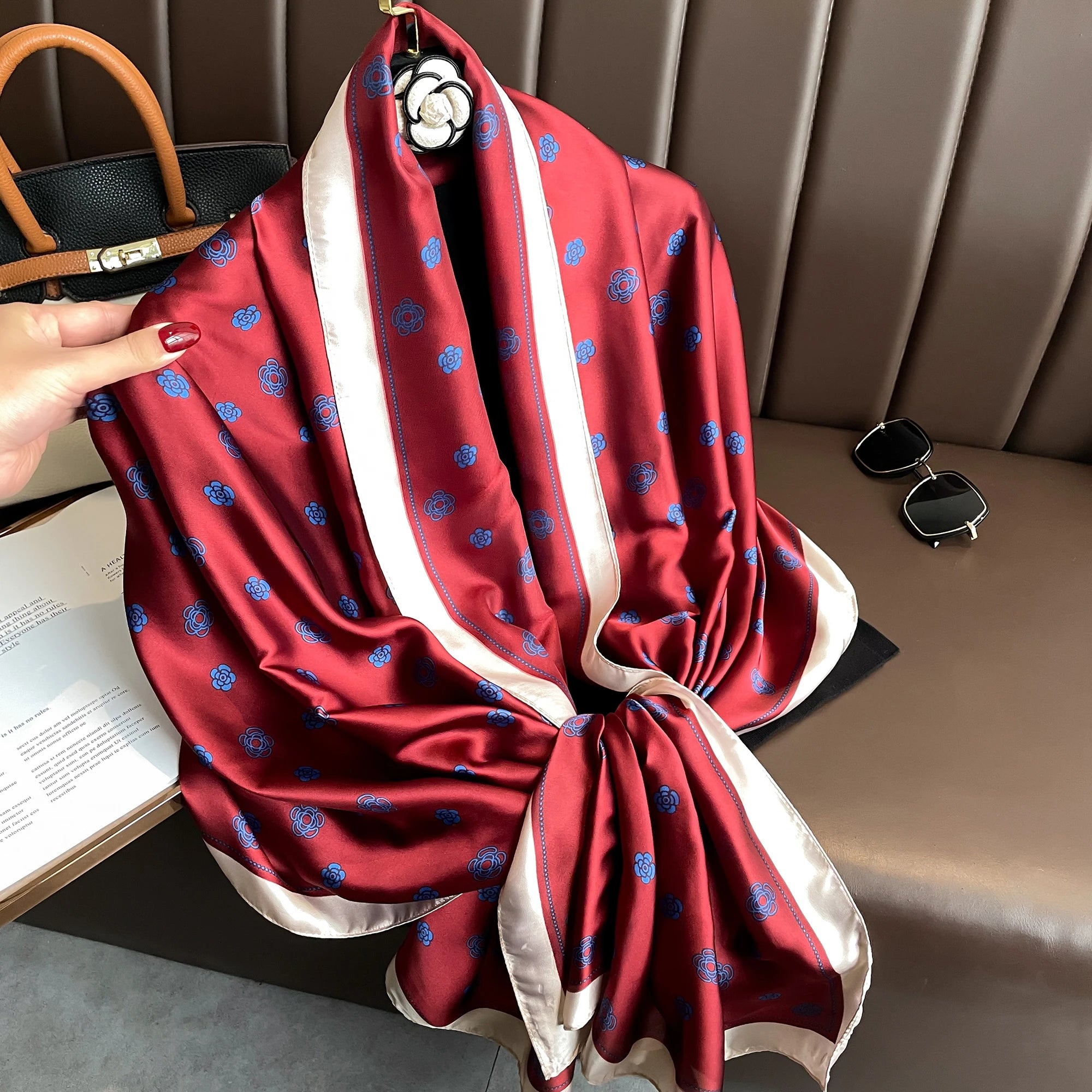 Manufacturer 2023 Latest Design Large Satin Silk Scarves Fashion Women Unique Print Long Head Wraps Shawls Custom Silk Scarfs