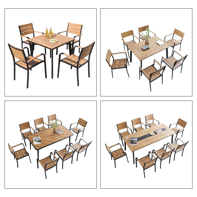 Modern 6-Seater Dining Patio Outdoor Furniture Set 7-Piece Rectangular Teak Wood Color Table Space Saving Plastic Living Room