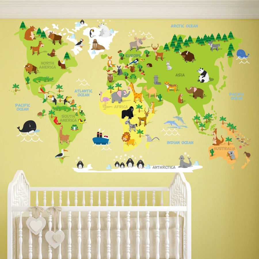 Wholesale Kids Room Cartoon Animals 3d World Wood Map Wall Sticker