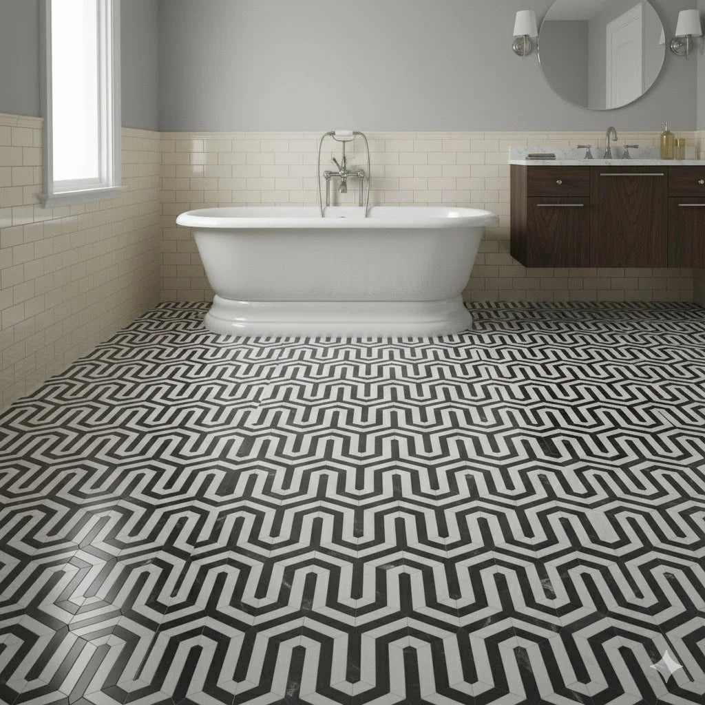 Modern Black White Marble Mosaic Tiles | Irregular Stone Waterjet | Polished Herringbone Wall & Floor Tiles for Bathroom Kitchen