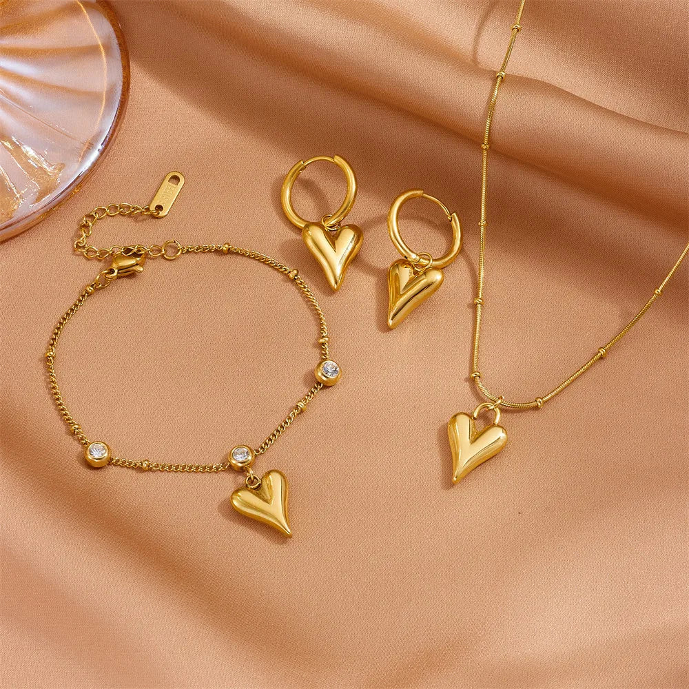 Fashion Gold Plated Stainless Steel Zircon Heart Bracelet Anklet Necklace and Earrings Jewelry Set for Women