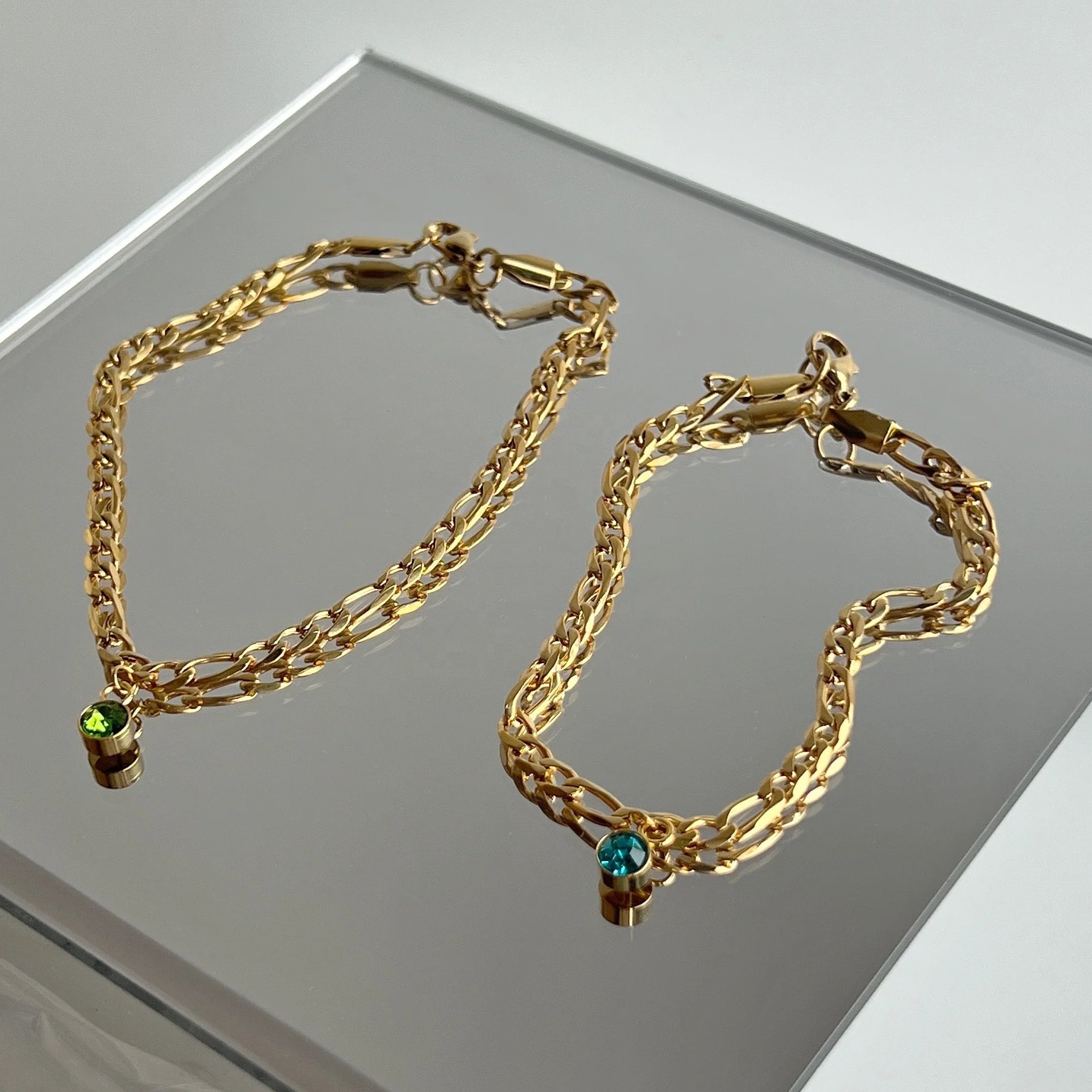 2024 Dazan New Ins 18k Gold Plated Tarnish Free Stainless Steel Boho 4MM Polished Super Shine Birthstone Zircon Figaro Anklet