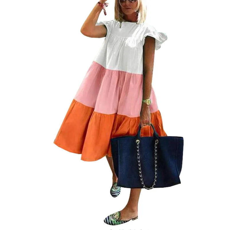 Large Size Ladies Women Casual Dresses Plus Size S-3XL O Neck Short Sleeve Patchwork Tassel Loose Dresses