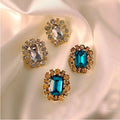 925 Silver Needle Large Crystal Stud Earrings Retro Luxury Exaggerated Blue White Rhinestone Earrings