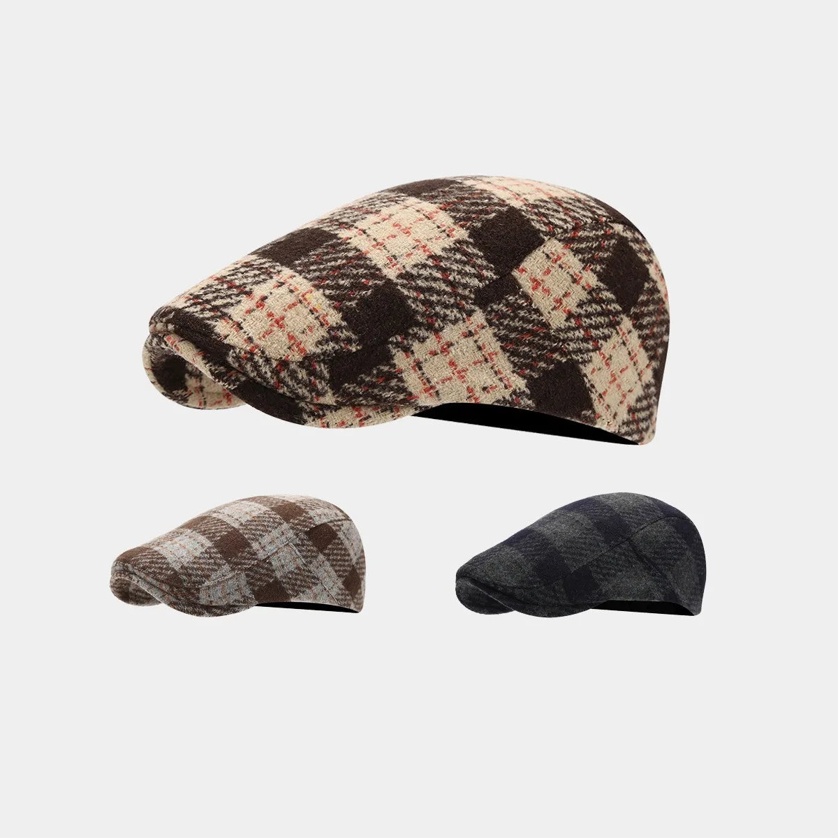 Irish Outdoor Plaid Beret Winter Hat for Men Women Felt Tweed Newsboy Flat Cap
