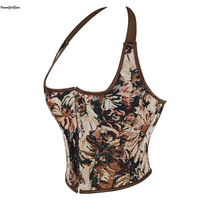 Women's Plus Size Crop Top Summer Camisole Floral Embroidered Lace-up Boned Squared Neck Sleeveless Vest Tank Corset Halter