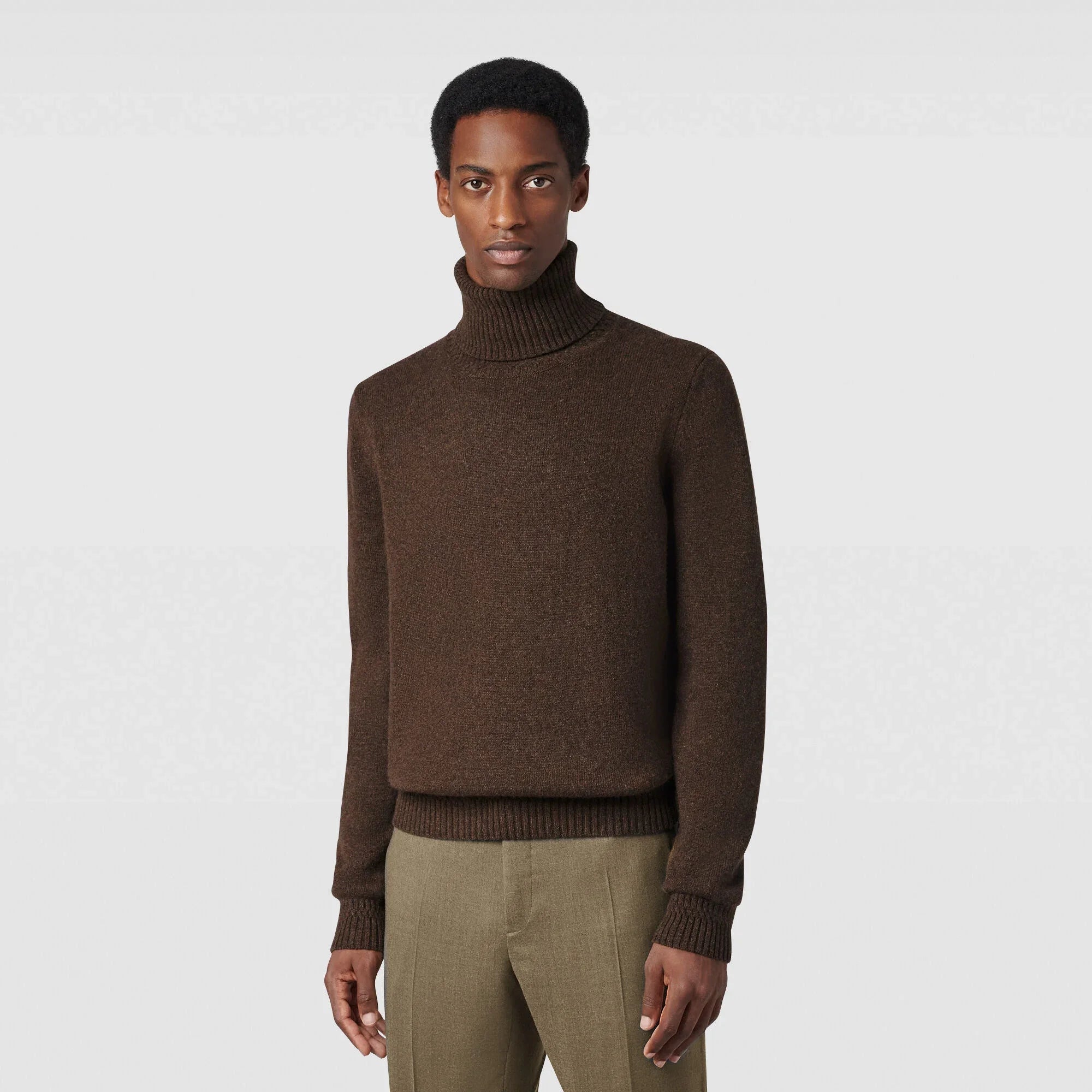 Wholesale Premium Men's 100% Cashmere Ribbed Turtleneck Pullover Beige Soft Texture Custom Logo OEM/ODM Winter Sweater Print