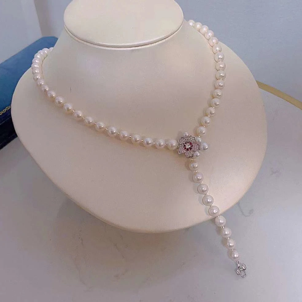 50cm Long Cherry Blossom Button Freshwater Pearl Necklace for Women Potato Shape 7-8MM Natural 1 Piece Sweater Chain