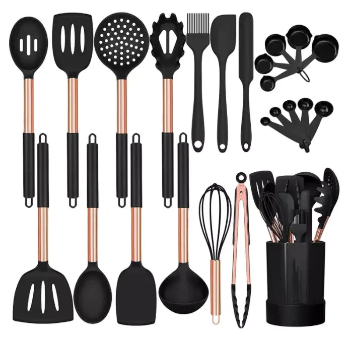 Heat Resistant Kitchen Accessories Cooking Utensil Kitchenware Non Stick Food Grade  Handle Silicone Kitchen Utensils Set