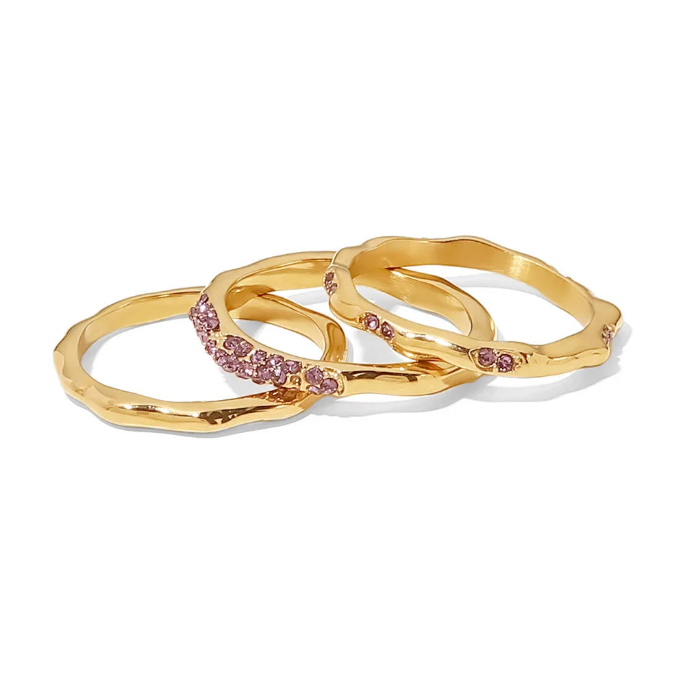 Fashionable Vintage Unisex Wedding Ring Large Dome 18K Gold Plated Stainless Steel Hammered Zircon Ring