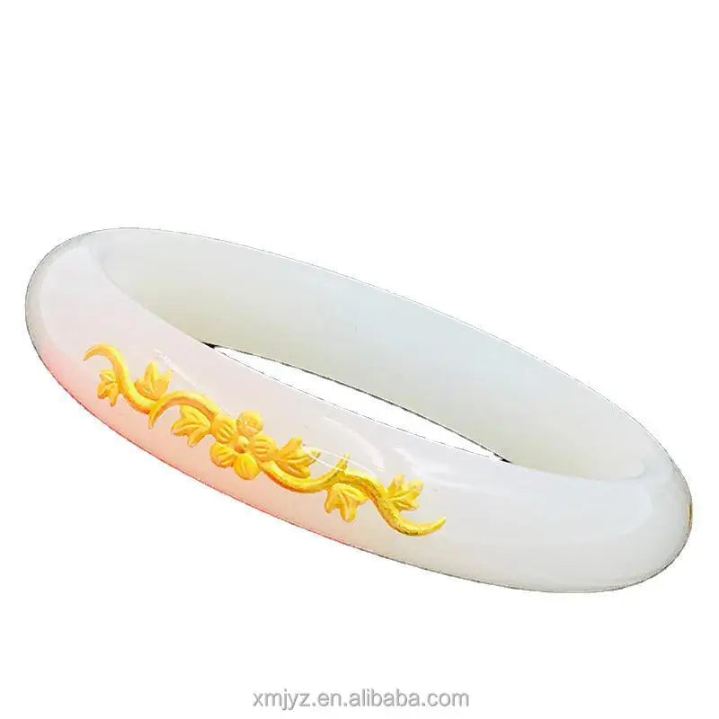Certified Factory Pure Gold Wealth Flower Inlaid White Jade Bracelet Female Ethnic Style Wealthy Jade Bracelet Gold Jewelry