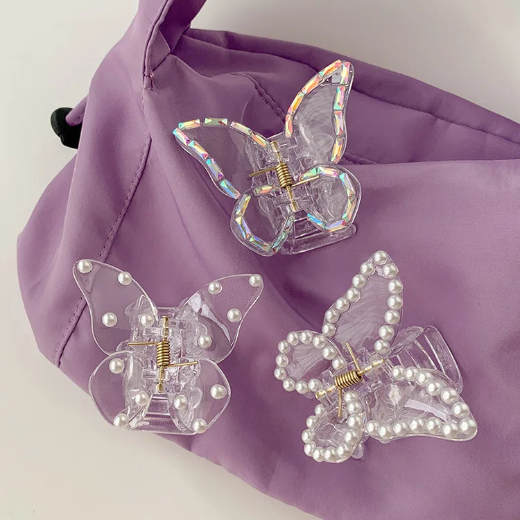 Elegant Korean Transparent Acrylic Crystal Hair Clips Pearl Butterfly Hair Claw