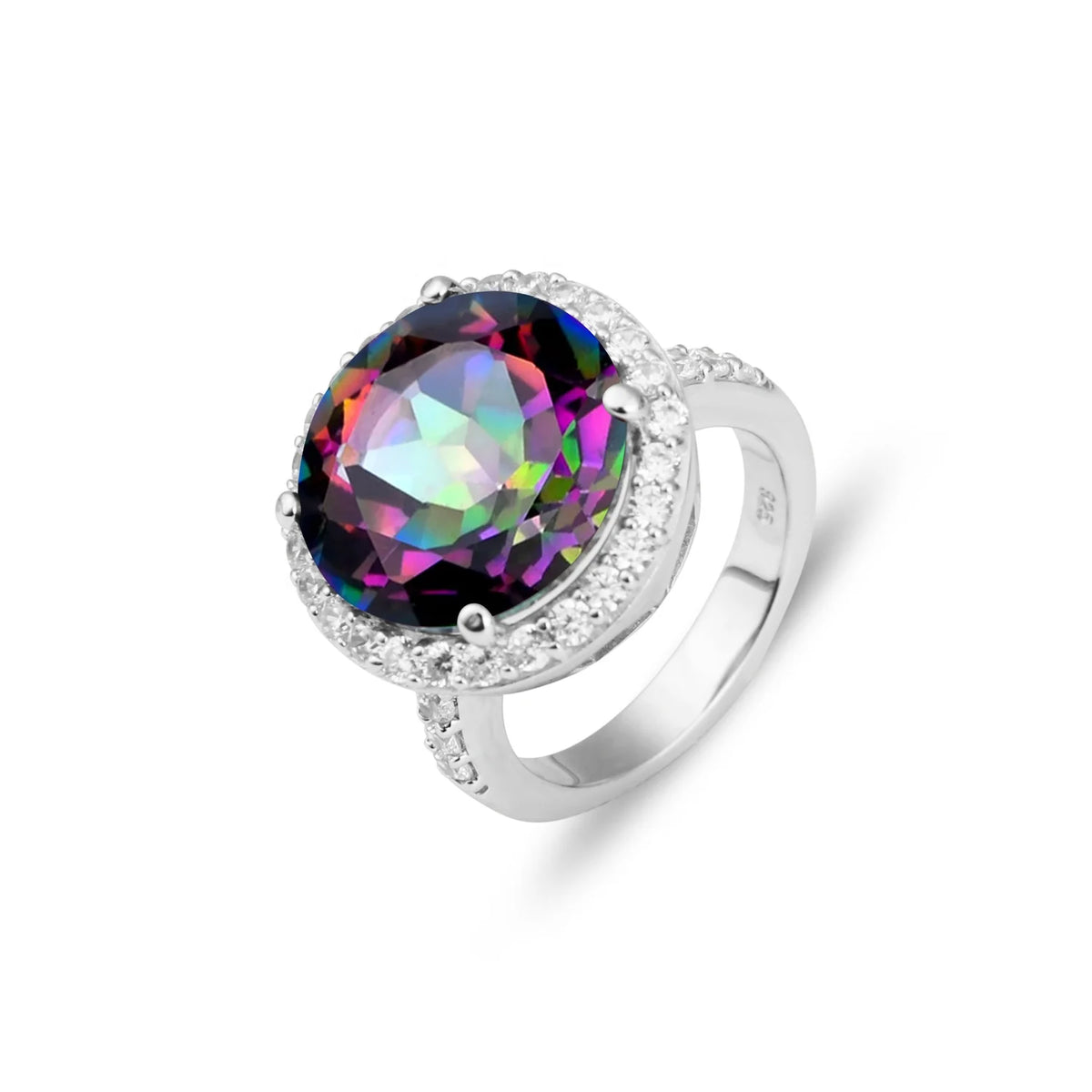Abiding Natural Rainbow Mystic Quartz Gemstone 925 Silver Promise Cubic Zirconia Halo CZ Diamond Gemstone Ring MegaBDM