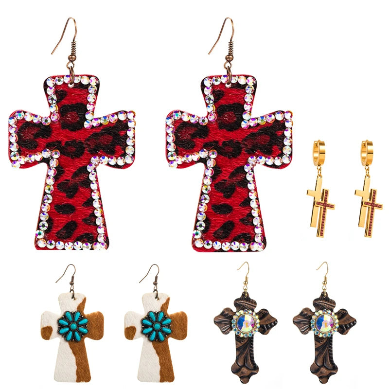 Vintage Style Turquoise Crystal Cross Earrings Solid Pattern With Rhinestone Pearl PU Bead Fashionable for Men Women
