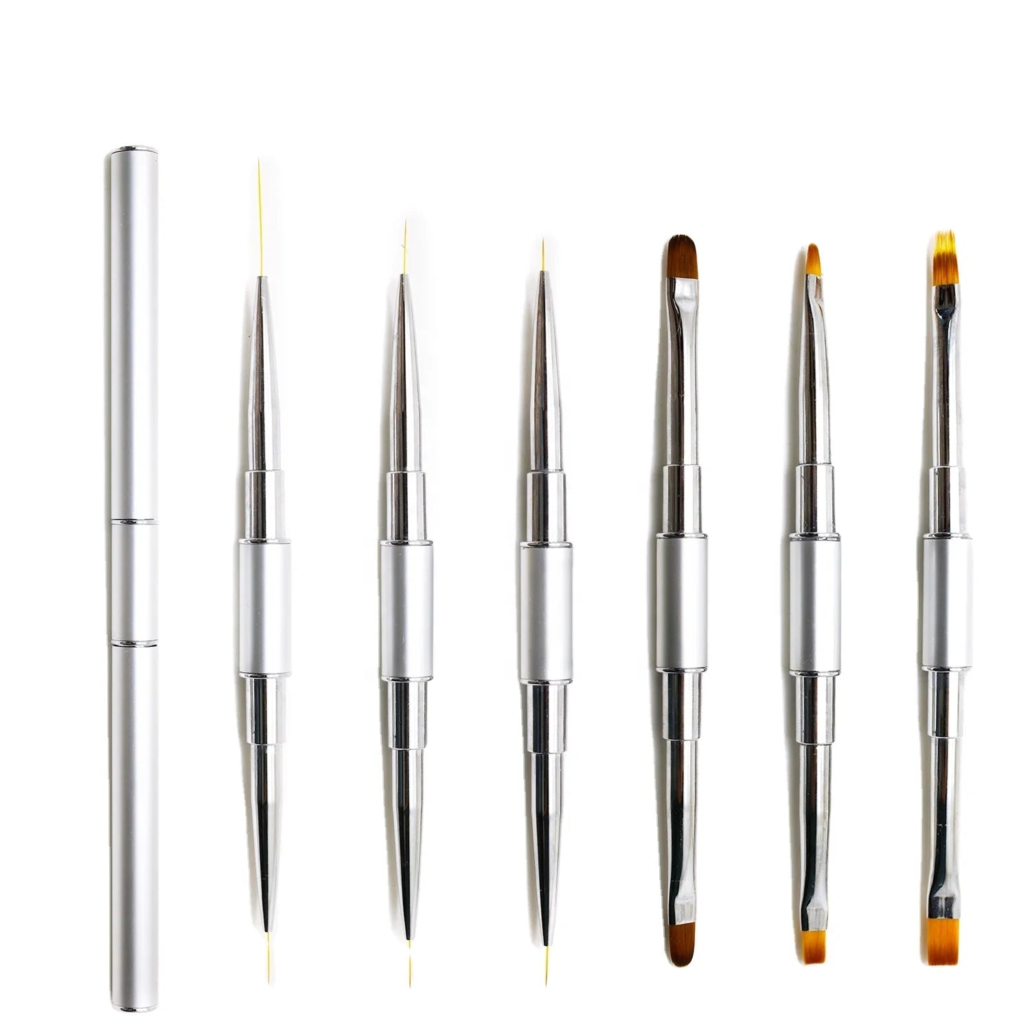 Latest 6pcs Double Head Silver Metal Handle Nylon Hair Luxury Professional Nail Design Liner Gel Oval Flat Ombre Brush Set