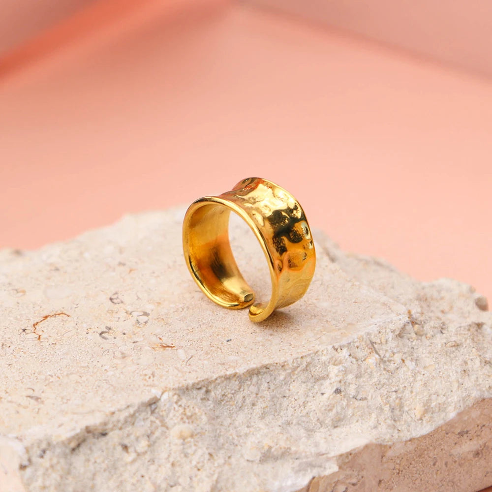 Chris April 316L Open Stainless Steel Jewelry Waterproof 18k Gold Plated Personalized Thick Band Ring