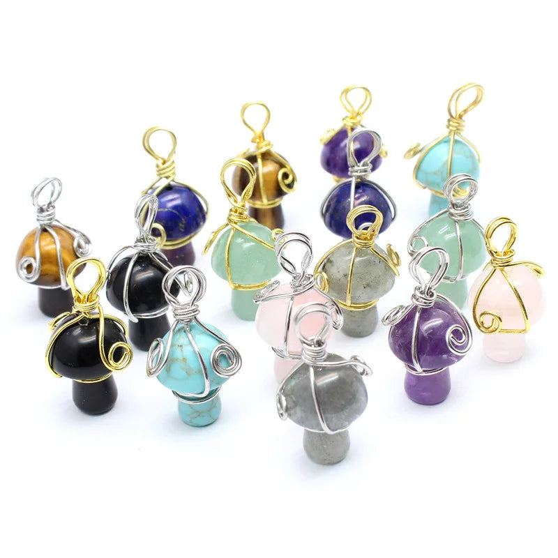 Wholesale Jewelry Gemstone Pendant Accessories Crystal Agate Sand Stone Wire Wrapped Healing Stone Mushroom Necklace Pendant