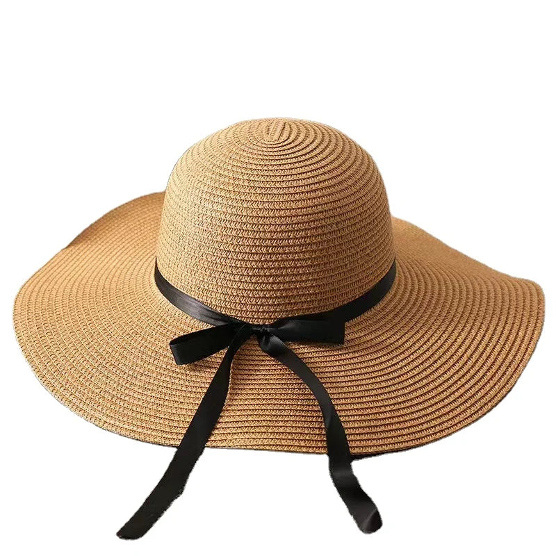 Women's Outdoor Wide-Brimmed Raffia Straw Fedora Plain Pattern Summer Sun Protection Hat for Party Fishing and Beach Travel