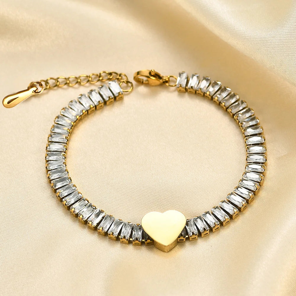 6mm Tennis Heart Bracelet 18K Gold Plated Stainless Steel Waterproof Adjustable Extend Chain Women Jewelry CZ Bracelet for Women