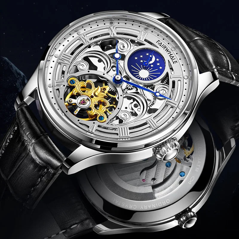 Business Wrist Watch Moon Phase Tourbillon Watch Automatic Self-winding Mechanical Leather Men Stainless Steel Watch