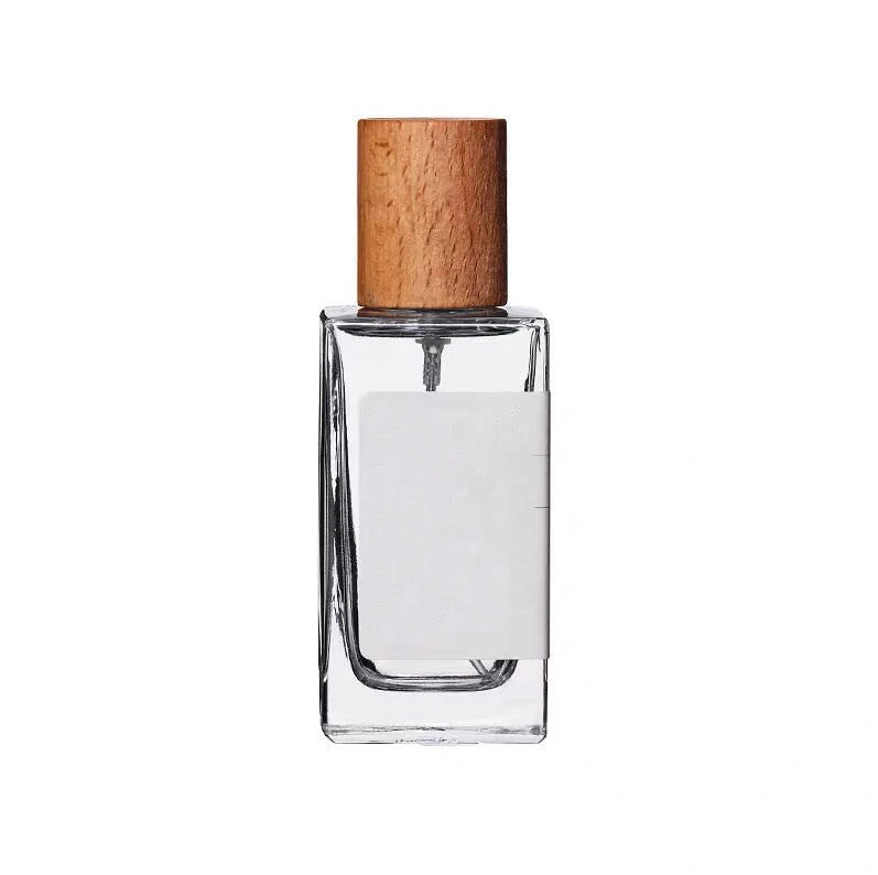30ml 50ml 100ml BP Mb5 Food Grade Glass Perfume Bottles Wooden Lid Silk Screen Printed Flat Design Pump Sprayer No Reed Diffuser