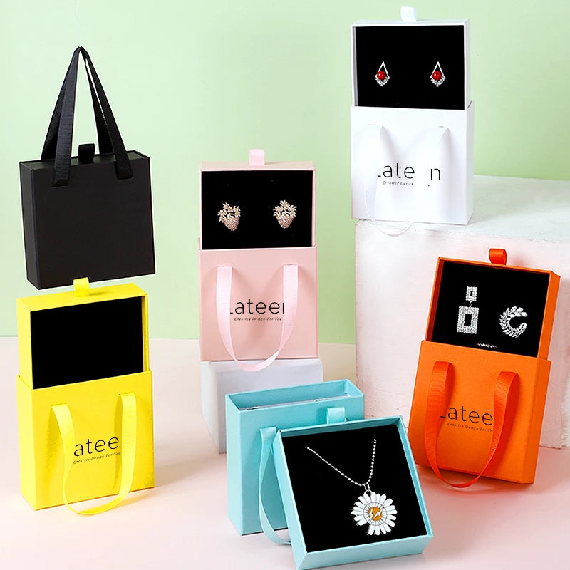 MOQ100PCS Custom Logo Necklace Bracelet Paper Jewelry Packaging Sliding Drawer Jewelry Box with Ribbon Handle