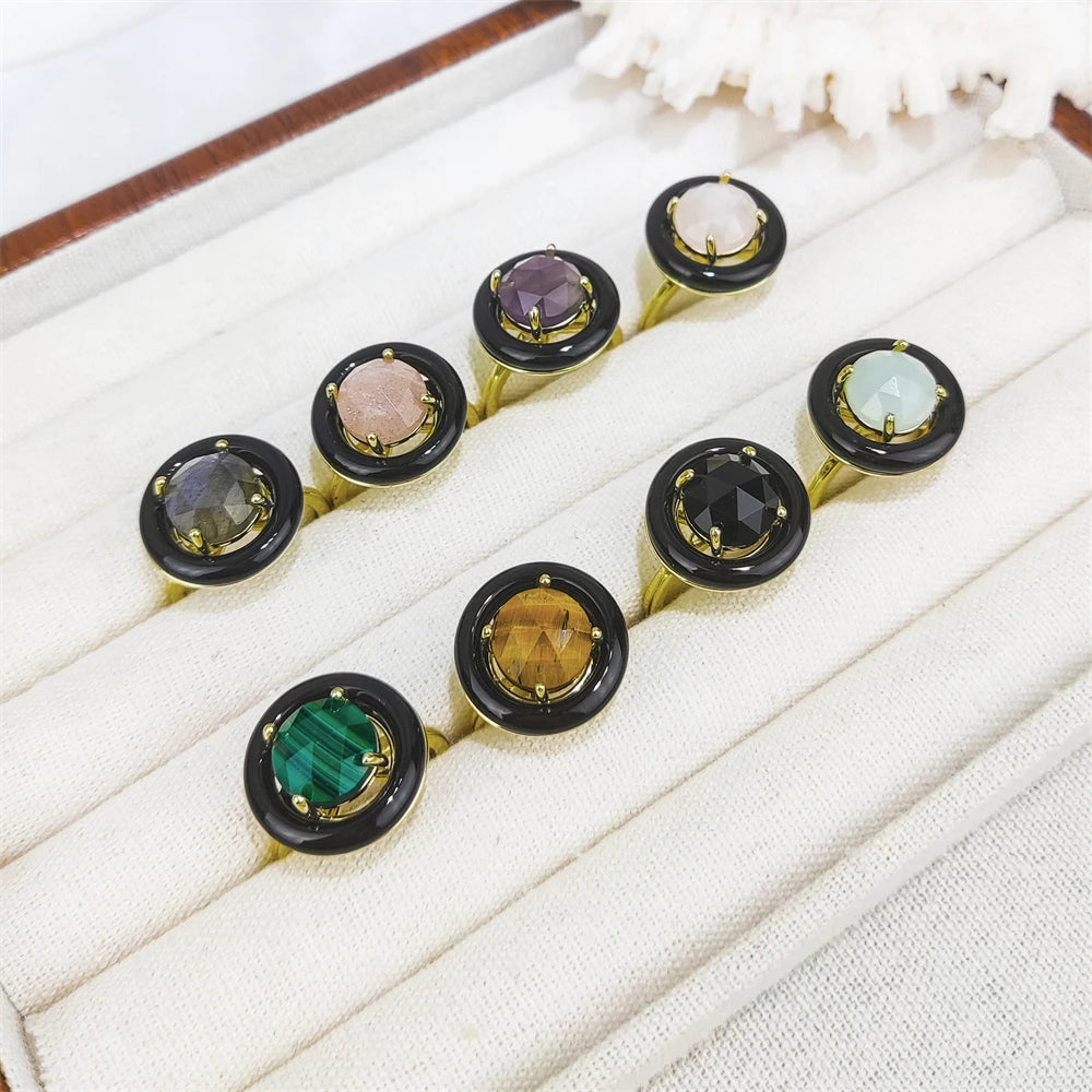 New Design Wholesale Gemstone Faceted Round Crystal Rings Natural Stone 18k Gold Malachite Black Obsidian Women Rose Quartz Ring