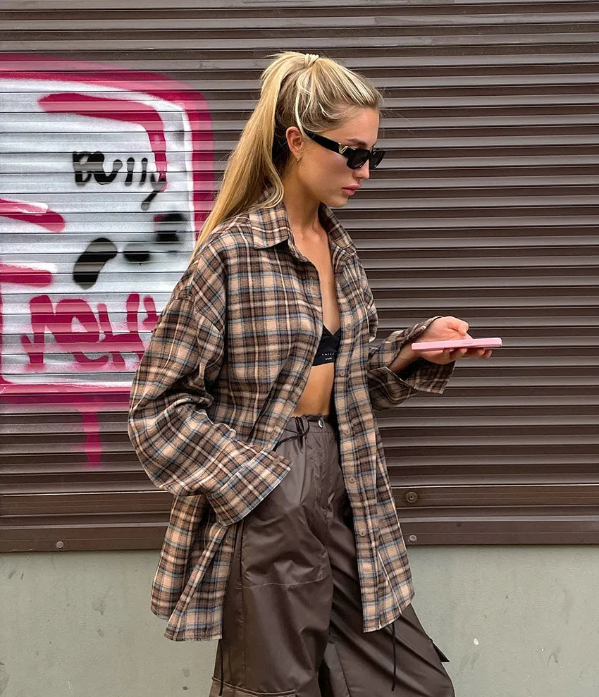Enyami American Vintage Autumn Spring Loose Shirts Leisure Plaid Printed Long Sleeves Oversized Ladies Khaki Women Blouse Top