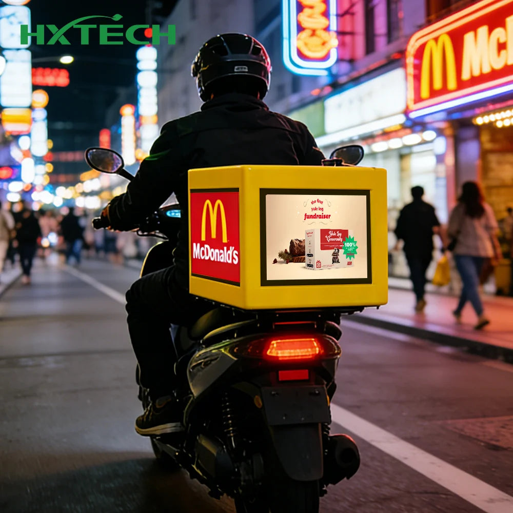 Customized Logo Folded LED Digital Takeaway Box Waterproof Delivery Food Box for Motorcycle Advertising for Video Applications
