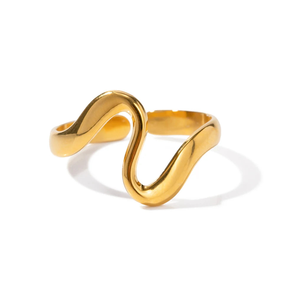 Daily Simple Minimalist Stainless Steel Opening Ring 18K Gold Plated Irregular Curved Rings for Women's Wedding and Party MegaBDM