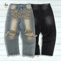 HuiLi Manufacturer Custom Loose Straight Leg Embroider Denim Pants Men Baggy Style Fit Rhinestone Distressed Jeans