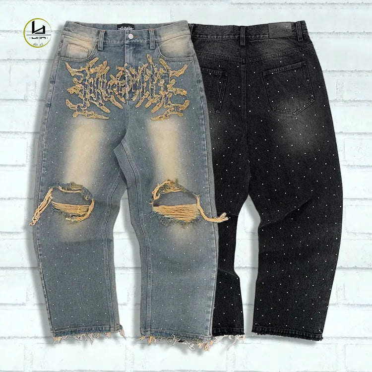 HuiLi Manufacturer Custom Loose Straight Leg Embroider Denim Pants Men Baggy Style Fit Rhinestone Distressed Jeans