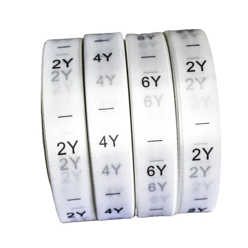 In Stock Satin Printed Size Labels 1Y 2Y 3Y 4Y 5Y 6Y 7Y 8Y 9Y 10Y 11Y 12Y 13Y 14Y White Print Size Label for Kids Clothing