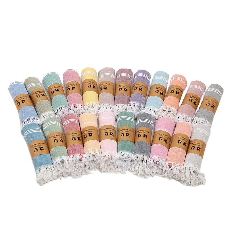 Hot Sale High Quality Soft Cotton Bath Towel Customized Logo Stylish Striped Design Turkish Tassels Sand Free Quick-Dry Everyday