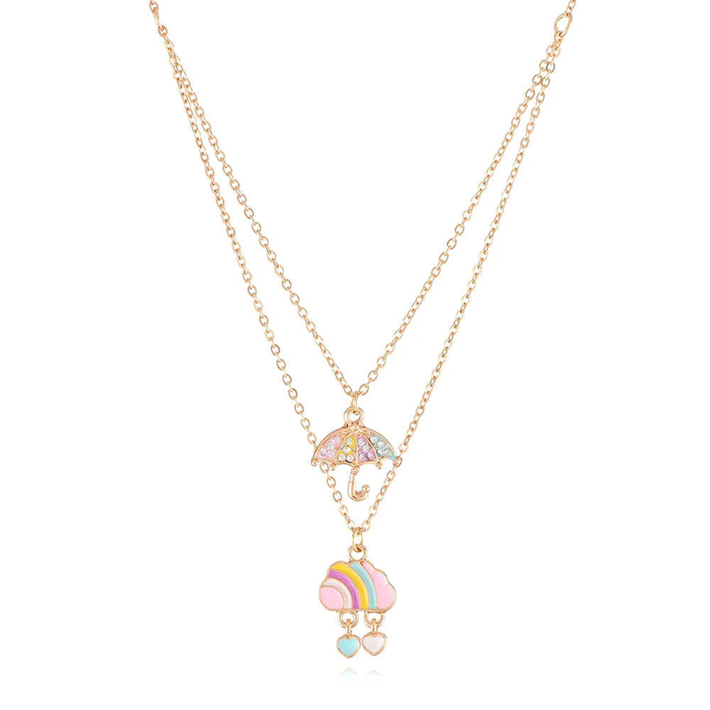 Multi-Layer Zinc Alloy Enameled Necklace for Girls Cute Cartoon Link Chain With Gold Plating Set Jewelry