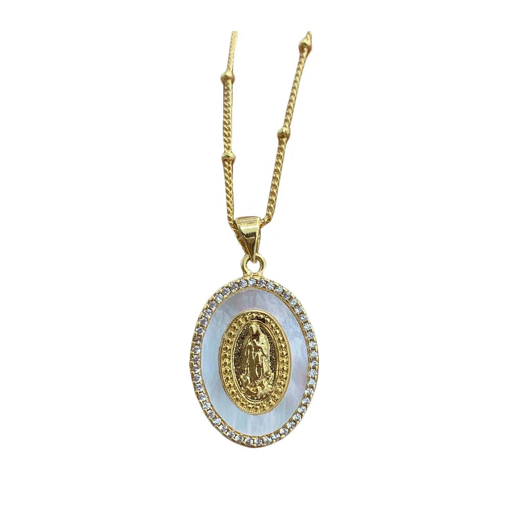Dainty 18k Gold Plated CZ Zircon Shell Blessed Virgin Mary Oval Medal Pendant Necklace Women