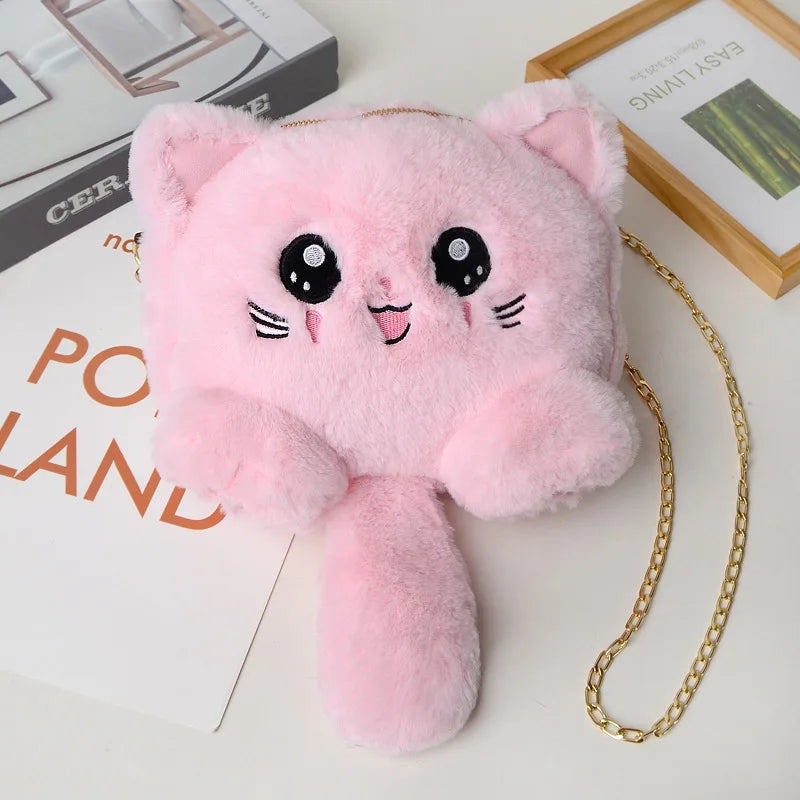 Cute Cat Plush Fashion Spring Autumn Winter New Design Women's Messenger Bag Cartoon Girls Chain Bag
