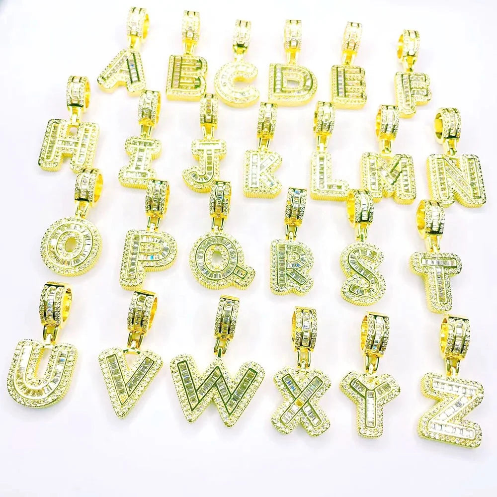 34mm Initial Letter Bail Pendant A-Z Alphabet Cubic Zircon 18K Gold Plated Brass for Necklace Making