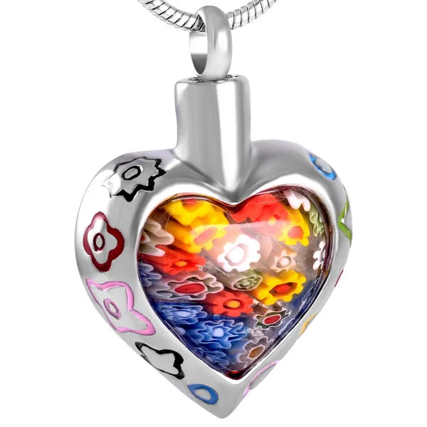 Murano Heart Cremation Necklace Memorial Ash Holder Jewelry Stainless Steel Millefiori Glass Stone Keepsake Urn Ashes Cremation
