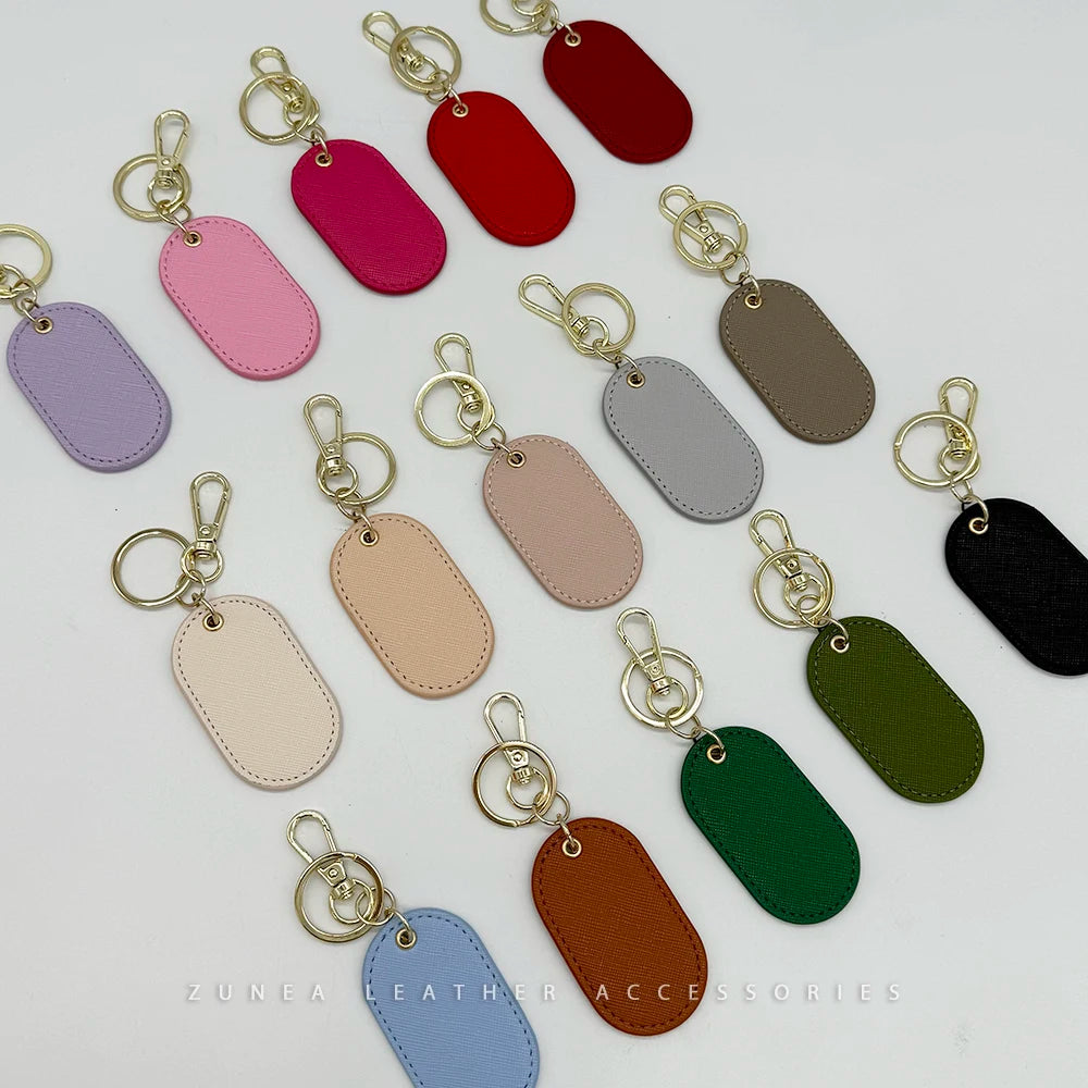 Faux Saffiano Leather Keychain Hardware DIY Gifts Customized logo Artificial Piel Keyring PU Oval Shape Vegan Leather Key Chain