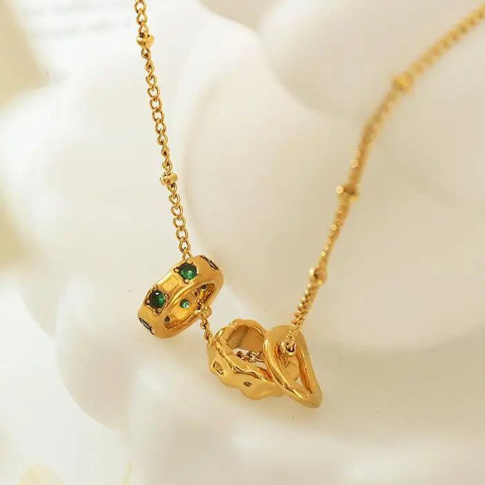 2022 European Vintage 18k Gold Plating Zircon Ring Necklace Multi Green Cz Ring Circle Necklace for Girls