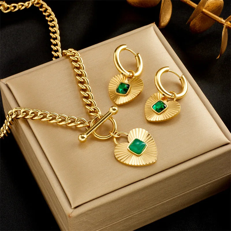 Nabest 18k Gold Plated Women Heart Necklace Earring Vintage Jewelry Stainless Steel Emerald Jewelry Sets