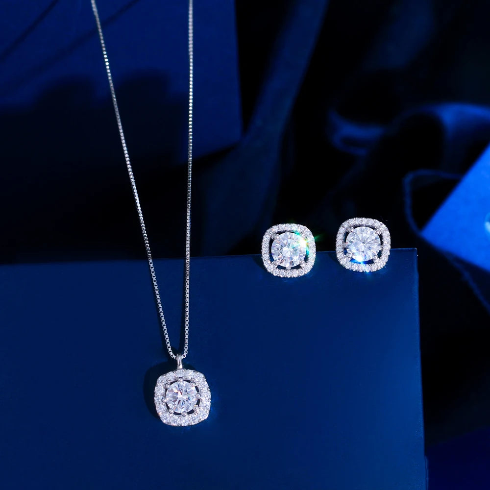 Fashion Cubic Zirconia Pave S925 Sterling Silver Pendant Necklace Earrings Jewelry Set for Women Match Daily Outfits Party