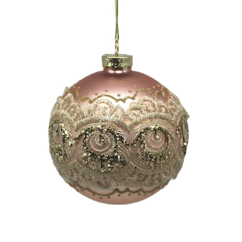 2021 New Christmas Glass Bauble Ornaments Hanging Xmas Matte Pink Ball With Lace for Navidad Natale Decoration