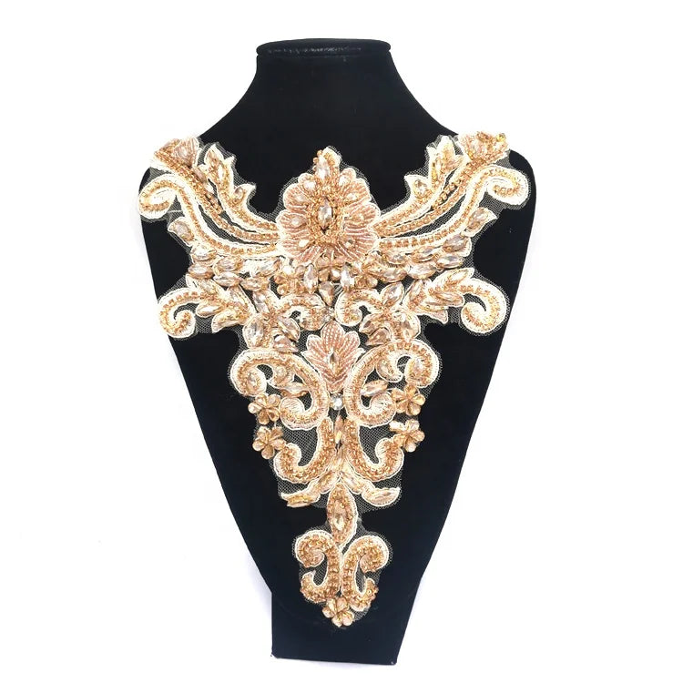 Handmade Eco-Friendly Champagne Glass Stone Beads Rhinestone Bridal Appliques Sew-On Wedding Bodice Collar Patches