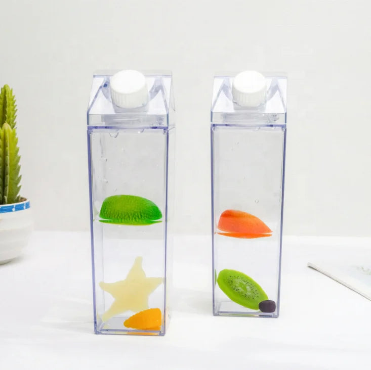 Custom BPA-free 500ml 1000ml square Creative Plastic Transparent clear Milk Carton Water Bottle with Lid